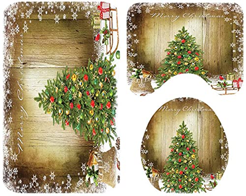 ZESLIV 3Tlg Set Badematte Weihnachten Deko Weihnachtsbaum Badvorleger Toilettenmatte Badgarnitur rutschfest Badteppich Badezimmerteppich Deckelbezug WC-Vorleger mit Ausschnitt rutschfest Waschbar von ZESLIV