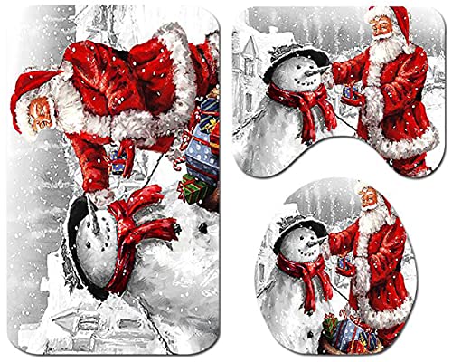 ZESLIV 3Tlg Set Badematte Weihnachten Deko Weihnachtsmann Badvorleger Toilettenmatte Badgarnitur rutschfest Badteppich Badezimmerteppich Deckelbezug WC-Vorleger mit Ausschnitt rutschfest Waschbar von ZESLIV