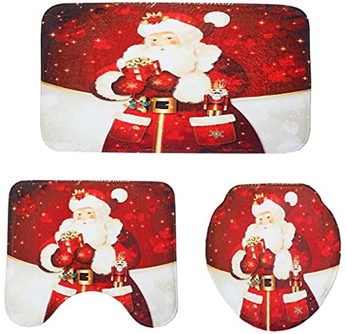 ZESLIV 3Tlg Set Badematte Weihnachten Deko Weihnachtsmann Badvorleger Toilettenmatte Badgarnitur rutschfest Badteppich Badezimmerteppich Deckelbezug WC-Vorleger mit Ausschnitt rutschfest Waschbar von ZESLIV