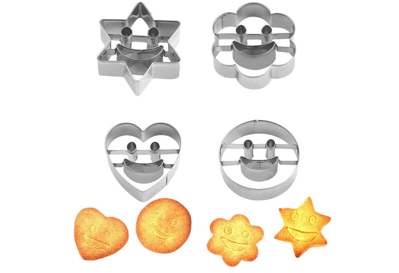 ZEUOPQ Ausstechform 4er Ausstechformen Set,4 Stück Keksausstecher, Edelstahl Ausstecher, Edelstahl, (Backform mit kreativen Smiley-Plätzchenausstechern, 4-St., Plätzchenformen), Rund Herz Stern Blüten Ausstechform für Plätzchen, Kekse von ZEUOPQ