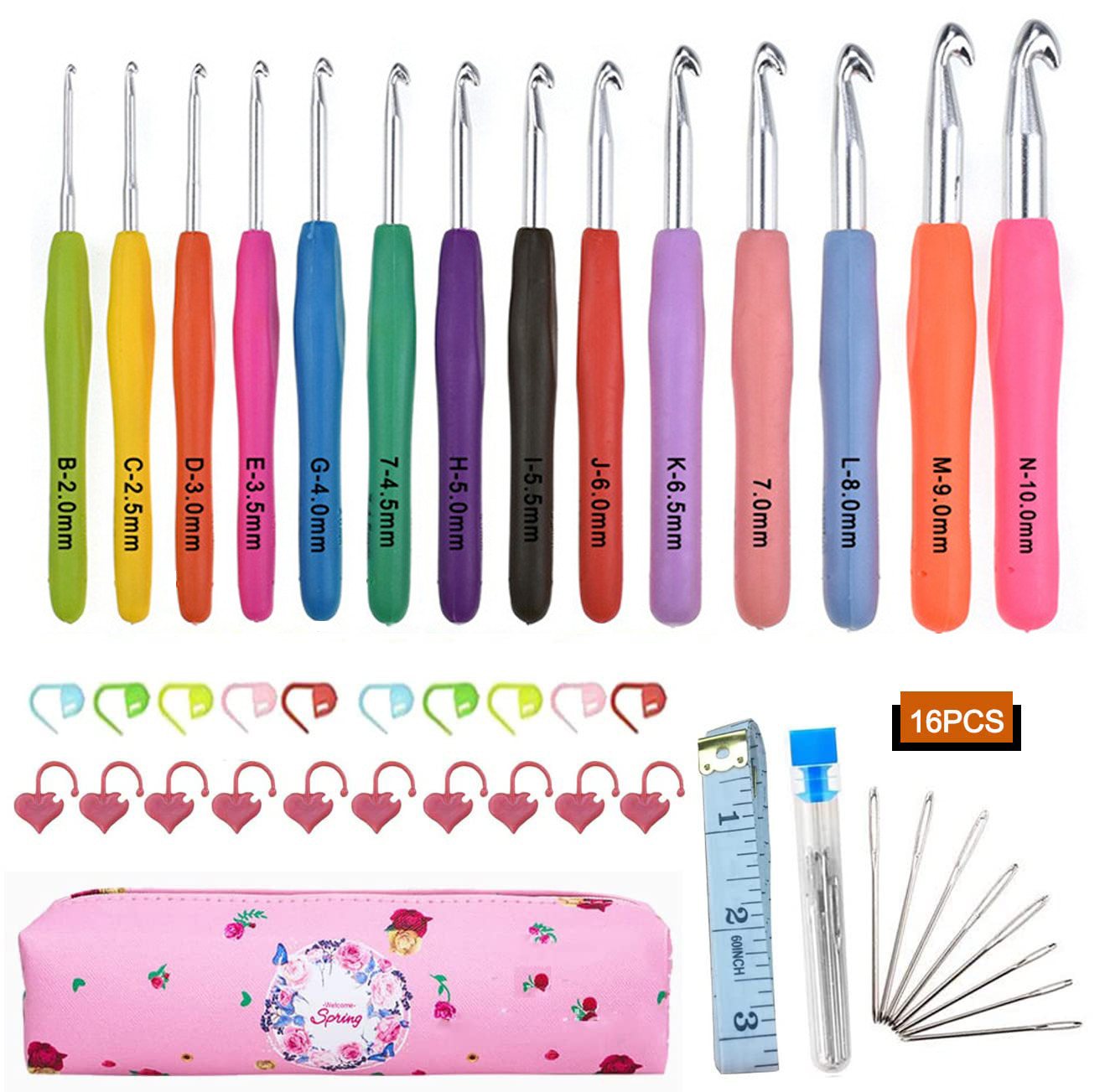 ZEUOPQ Häkelnadeln Häkelnadel-Set 44pcs mit ergonomischem Gummigriff Handarbeitsnadeln, 14 farbcodierte Nadeln (2–9 mm Aluminium), 8 Stopfnadeln 44 St., 10 Maschenmarkierer Lineal, Häkelnadeln Set einfach zu identifizieren, Sticken, Stricken & Weben Set ideal für Anfänger und Profis von ZEUOPQ