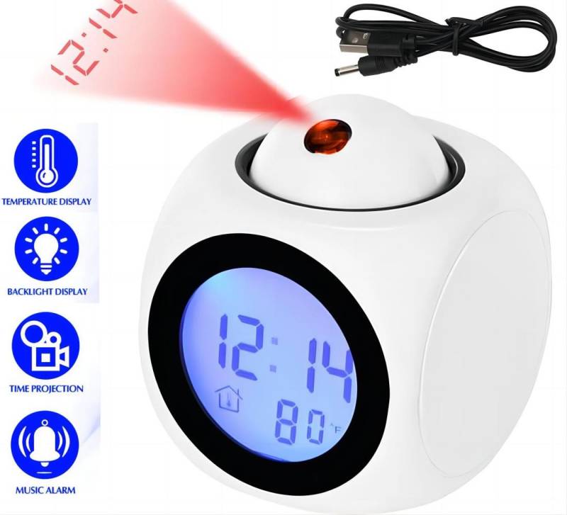 ZEUOPQ Projektionswecker Projektionswecker LED Musik Nachtlicht Schlummeroption Zwei Lademodi Multifunktionaler Projektionswecker Schlummeroption mit Alarmtöne von ZEUOPQ