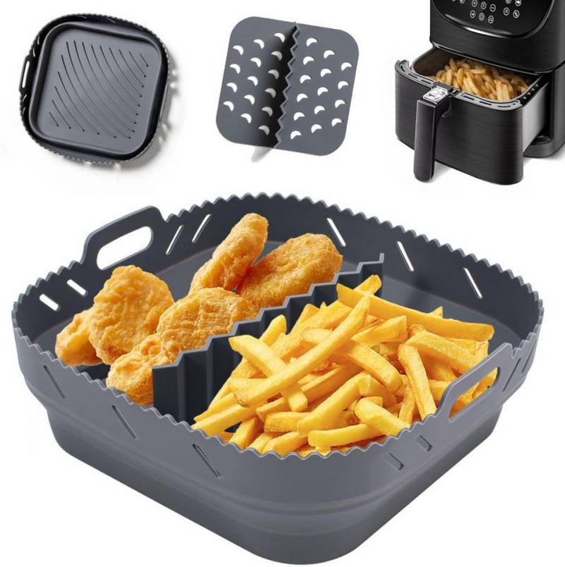 ZEUOPQ Silikonform Silikon Backform Für Heißluftfritteuser mit Trennwand, Faltbar, (Airfryer Silikonform Zubehör für Heißluftfritteuse 1-tlg), Wiederverwendbar Luftfritteuse Silikontopf für Backform, 21*21*8CM von ZEUOPQ