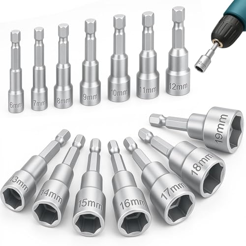 14 Stück Magnete Stecknuss Set,6-19mm Nuss Set, Sechskant Bit Set, für Bohrmaschine Oder Schraubendreher (Chrom Vanadium Stahl) von ZEXUPORIUM