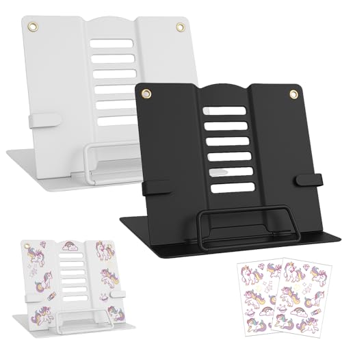 2 Stück Buchständer mit Seitenclip, Verstellbarer Buchstütze kinder mit 6 Verstellbaren Positionen, Buchhalter Leseständer Metal für Lehrbüchern, Dokument, Musikbuch, Redeentwürfen(Schwarz+Weiß) von ZEXUPORIUM