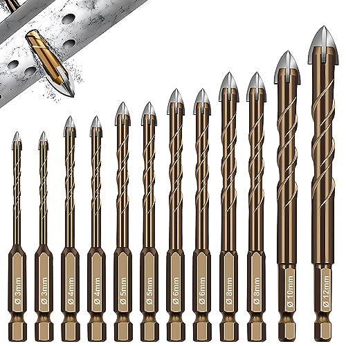 Fliesenbohrer Set 12 tlg, Glasbohrer Set Ø 3-12 mm, Universalbohrer Keramikbohrer mit Sechskantschaft, für Metall Ziegel Glas Kunststoff Holz von ZEXUPORIUM