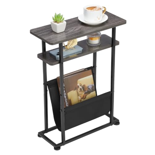 ZEXVIDA Kleiner Beistelltisch für kleine Räume, Schlanker Couchtisch mit Zeitschriftenhalter - 2 in 1 Schmaler Sideboard Wohnzimmer, Dünner Nachttisch Schlafzimmer mit Ablage (Grau) von ZEXVIDA