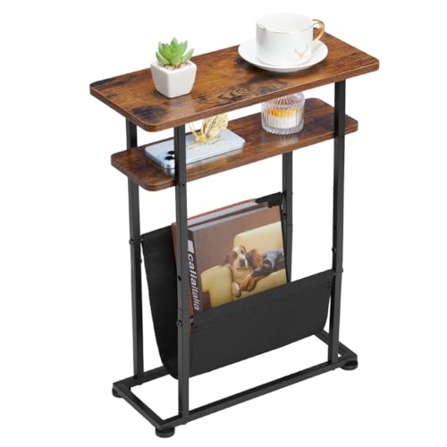 ZEXVIDA Kleiner Beistelltisch für kleine Räume, Schlanker Couchtisch mit Zeitschriftenhalter - 2 in 1 Schmaler Sideboard Wohnzimmer, Dünner Nachttisch Schlafzimmer mit Ablage(Rustikal Braun) von ZEXVIDA