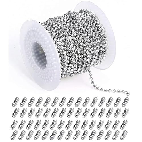 5 m Edelstahl-Perlenkette, 1,5/2/2,5/3 mm Kugelkette mit 50 passenden verstellbaren Zugverbindern für die Herstellung von Schlüsselbundschmuck, Weiß, 2 mm Kugelkette von ZEYRU