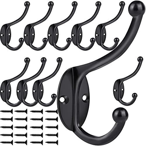 ZEYU 10 schwarze Kleiderhaken Hardware Heavy Duty Haken zum Aufhängen von Mänteln, doppelte rostfreie Haken, Wandmontage mit 20 Schrauben für Schlüssel, Handtuch, Taschen, Tasse, Hut von ZEYU