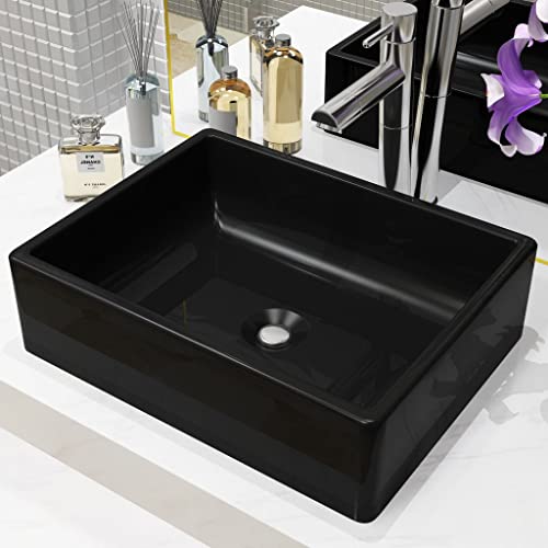 ZEYUAN Waschbecken, Aufsatzwaschbecken, Bathroom Sink, Waschtisch, Ablaufgarnitur, Aufsatzbecken, Keramik Rechteckig Schwarz 41 x 30 x 12 cm von ZEYUAN