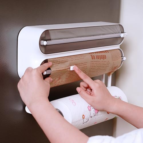 Folienschneider mit Küchenrollenhalter 3-in-1 Küche Rollenhalter: Magnetischer Folienspender Plastikfolie Frischhaltefolie folienspender mit Schneider (Translucent) von ZF YLYH