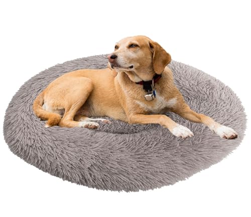 ZFEBHMY Hundesofa Katzenbett Donut,Waschbar Katzenbett Flauschig Haustierbett Rundes,rutschfeste Flauschiges Hundebett für Große Hundekorb plüsch Katzenkissen-Beige Brown||Ø80cm/32in von ZFEBHMY