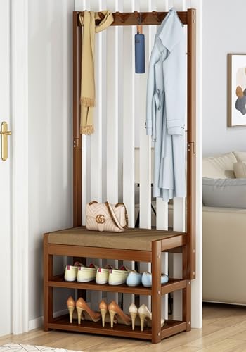4 in 1 Garderobe mit Sitzbank, Garderobenständer mit Schuhregal und 9 Hakens, Gaderobenstaender aus Holz Kleiderständer Garderoben, für Flur Wohnzimmer L:50/60/70/80/100cm von ZFFDPQQ