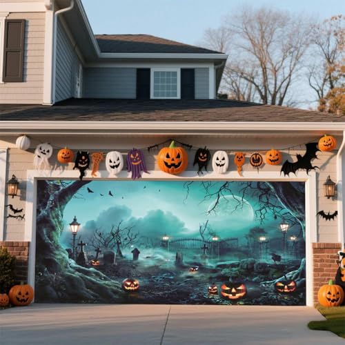 ZFFLYH Halloween Garagentor Abdeckung Banner Outdoor Home Dekorationen Halloween Hängende Hintergrund Türabdeckung Garage Wanddekoration,Cemetery,13 * 6FT von ZFFLYH