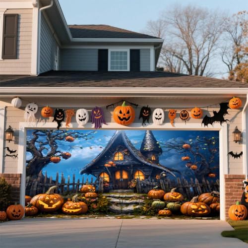 ZFFLYH Halloween Garagentor Abdeckung Banner Outdoor Home Dekorationen Halloween Hängende Hintergrund Türabdeckung Garage Wanddekoration,Pumpkin House,6.5 * 5FT von ZFFLYH