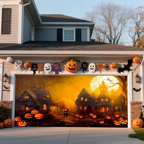 ZFFLYH Halloween Garagentor Abdeckung Banner Outdoor Home Dekorationen Halloween Hängende Hintergrund Türabdeckung Garage Wanddekoration,Twilight bat,6.5 * 5FT von ZFFLYH