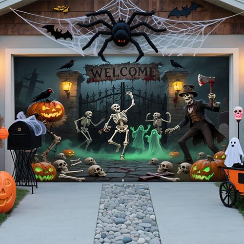 ZFFLYH Halloween Garagentor Dekorationen Halloween Hängendes Banner Hintergrund Horror Wanddekoration Party Foto Hintergründe Für Außenfenster Hof,Happy Skeleton,16 * 7FT von ZFFLYH