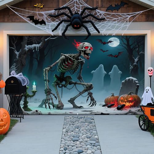 ZFFLYH Halloween Garagentor Dekorationen Halloween Hängendes Banner Hintergrund Horror Wanddekoration Party Foto Hintergründe Für Außenfenster Hof,Skeleton,8 * 7FT von ZFFLYH