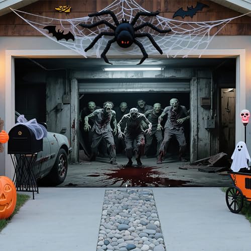 ZFFLYH Halloween Garagentor Dekorationen Halloween Hängendes Banner Hintergrund Horror Wanddekoration Party Foto Hintergründe Für Außenfenster Hof,Zombie,13 * 6FT von ZFFLYH