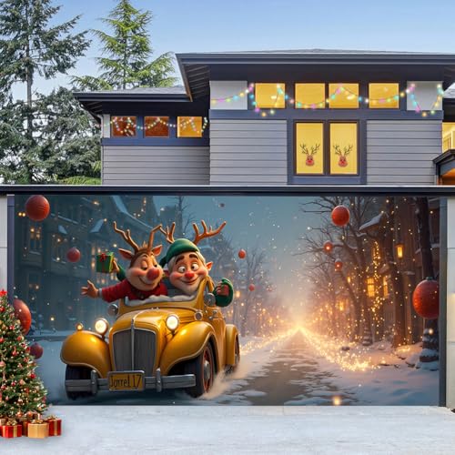 ZFFLYH Weihnachtsgarage Tor Banner Dekoration Weihnachts Hintergrund Frohes Neues Jahr Fotografie-Hintergrund Für Indoor-Outdoor-Xmas-Party-Wanddekoration,Reindeer Drive,8x7FT von ZFFLYH