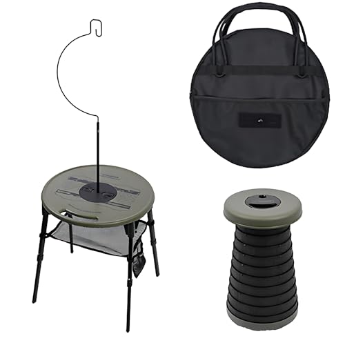 ZFFOZZ Runder Tischsatz für Outdoor-Camping – Verstellbarer Kunststofftisch mit Teleskophockern und Klappstühlen, Tragbar für Picknick, Wandern, Hinterhof, Leicht und Langlebig(Green) von ZFFOZZ