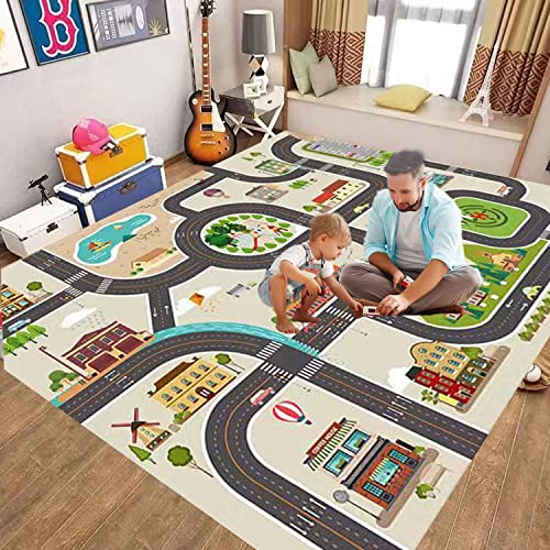 ZFHNYJWKL Kinderteppich Autoteppich Spielteppich Junge Auto Straße Haus Bauteppich Grau Blau Grün (C,120X180CM) von ZFHNYJWKL