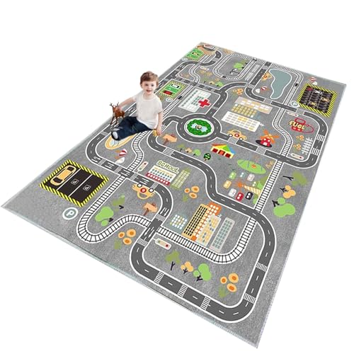 ZFHNYJWKL Kinder spielteppich Auto Jungen & Mädchen Teppich Straßenteppich Bauteppich Stadtstadt Lernbereich Teppich Pädagogischer Antirutsch für Kinderzimmer Grau Blau Grün(A,140X200CM) von ZFHNYJWKL