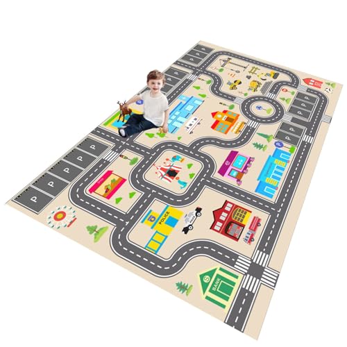 ZFHNYJWKL Kinder spielteppich Auto Jungen & Mädchen Teppich Straßenteppich Bauteppich Stadtstadt Lernbereich Teppich Pädagogischer Antirutsch für Kinderzimmer Grau Blau Grün(C,80X160CM) von ZFHNYJWKL