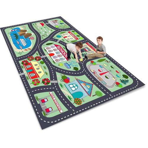 ZFHNYJWKL Kinder spielteppich Auto Jungen & Mädchen Teppich Straßenteppich Bauteppich Stadtstadt Lernbereich Teppich Pädagogischer Antirutsch für Kinderzimmer Grau Blau Grün(D,80X120CM) von ZFHNYJWKL