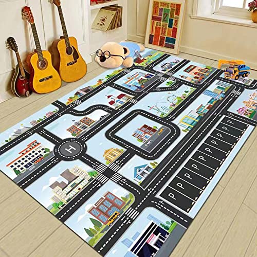 ZFHNYJWKL Kinderteppich Autoteppich Spielteppich Junge Auto Straße Haus Bauteppich Grau Blau Grün (A,140X200CM) von ZFHNYJWKL