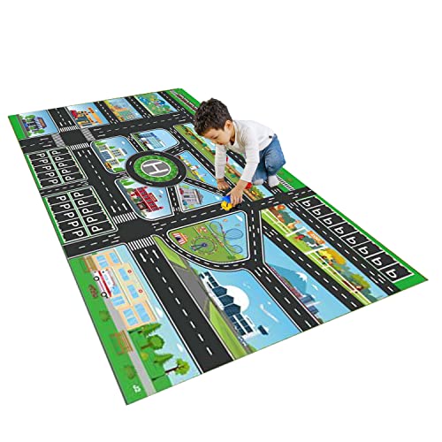 ZFHNYJWKL Kinderteppich Autoteppich Spielteppich Junge Auto Straße Haus Bauteppich Grau Blau Grün (B,120X180CM) von ZFHNYJWKL