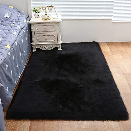 ZFHTAO Flauschig Schaffell ist Super Weich Teppich Lange Fell Flauschig Weiche Schaffell Boden Teppichboden-Dekor-Soft-Bett-Teppich Volle Größe - Schwarz 110x130cm von ZFHTAO