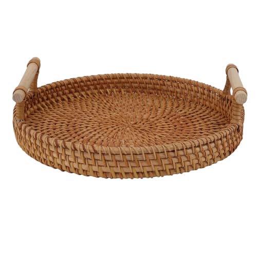 ZFIHAV Serviertablett Rattan-Teetablett mit Massivholzgriffen, dekoratives handgewebtes rundes Serviertablett zur Aufbewahrung, Präsentation von Obst, Kaffee, Tee(22x3CM) von ZFIHAV