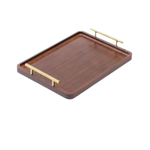 ZFIHAV Serviertablett Rechteckiges Holztablett mit goldenem Metallgriff for Wasserbecher, Obst, Lebensmittel, Kleinigkeiten, Serviertablett, Haushaltsorganisator(36 * 25 * 5cm) von ZFIHAV