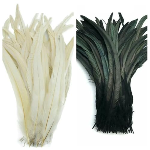 100 Stück 25–45 cm DIY Hahnenfedern zum Basteln, Nähen, Kleidung, Dekoration, Federn, Home-Party, Damenfedern, Kopfbedeckungen, Hochzeitszubehör, Weiß/Schwarz, 200 Stück, 25–30 cm von ZFISH