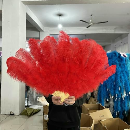 13 Bars Big Ostrich Feathers Fan Dancing Fan Plumes Folding Fan Ms.Belly Show Props Decor Accessory 1pcs 2pcs 100cm/130cm-Red-130cm 2pcs von ZFISH