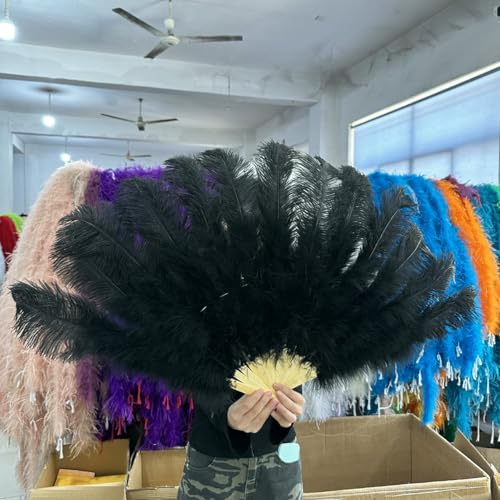 13 Bars Big Ostrich Feathers Fan Dancing Fan Plumes Folding Fan Ms.Belly Show Props Decor Accessory 1pcs 2pcs 100cm/130cm-black-130cm 2pcs von ZFISH
