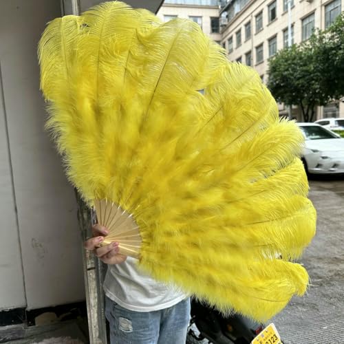 13 Knochen-Faltfederfächer, blau, flauschig, Handfächer aus Straußenfedern für Hochzeitsfeiern, Karneval, Bühnenauftritte, Dekoration, Gelb, 130 cm, 1 Paar (zwei) von ZFISH