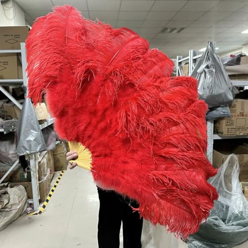 13 Knochen Weiß Rot Straußenfederfächer 1 & 2 Stück Faltbarer Handfächer mit flauschigen Federn für große Bühnenauftritte Federzubehör-rot-100CM 1 Stück von ZFISH