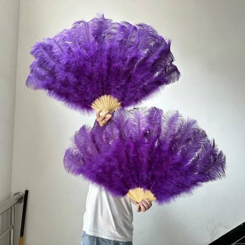 13 Knochenroter großer Fächer aus Straußenfedern, 100 cm/130 cm, handlicher, faltbarer Federfächer für Party, Karneval, Tanz und Performance-Zubehör – 15 Lila – großer Fächer, 1 Paar (zwei) von ZFISH