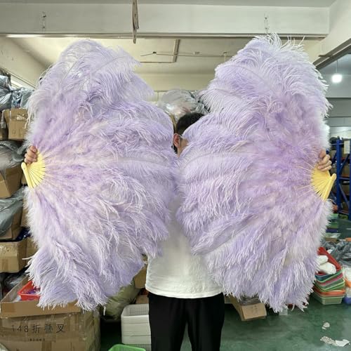 13 Knochenroter großer Fächer aus Straußenfedern, 100 cm/130 cm, handlicher, faltbarer Federfächer für Party, Karneval, Tanz und Performance-Zubehör – 21 Hellviolett – großer Fächer, 1 Paar (zwei) von ZFISH