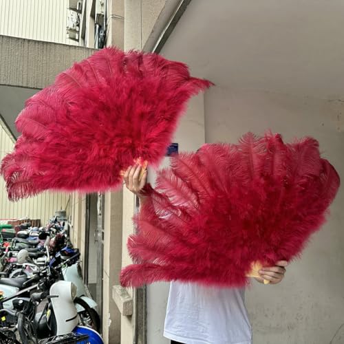 13 Knochenroter großer Fächer aus Straußenfedern, 100 cm/130 cm, handlicher, faltbarer Federfächer für Party, Karneval, Tanz und Performance-Zubehör – 7 Rotwein – großer Fächer, 1 Paar (zwei) von ZFISH