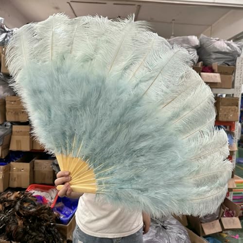 13Bone White Red Ostrich Feather Fan 1/2PCS Foldable Handheld Fluffy Feathers Fan for Large Stage Performance Plumes Accessories-27 Light Blue-130CM 2PCS von ZFISH