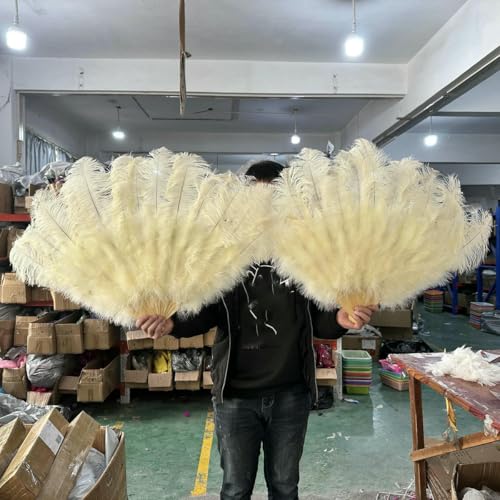 Fächer aus natürlichen pfirsichrosa Straußenfedern, 100/130 cm, faltbar, für die Hand, zum Dekorieren von Halloween-Partys, Bauchtanz-Fächern, 18 Beige, großer Fächer, 20 Stück von ZFISH