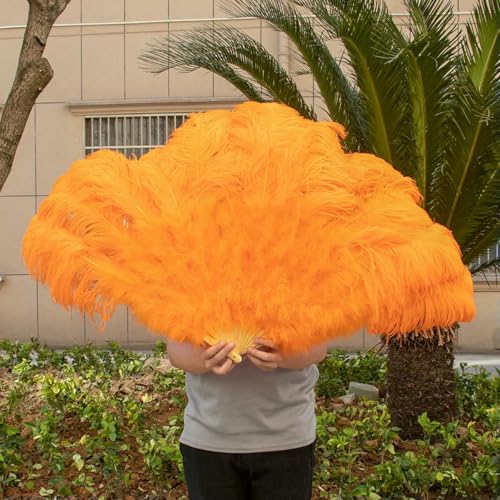 Foldable White Ostrich feather fan 13Bone Big Hand Feather Crafts Fans for Stage Performance Dancer Show Wedding Party Props-Orange-130cm Left hand von ZFISH