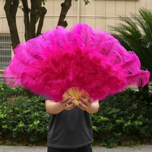 Foldable White Ostrich feather fan 13Bone Big Hand Feather Crafts Fans for Stage Performance Dancer Show Wedding Party Props-Rose-130cm Right hand von ZFISH