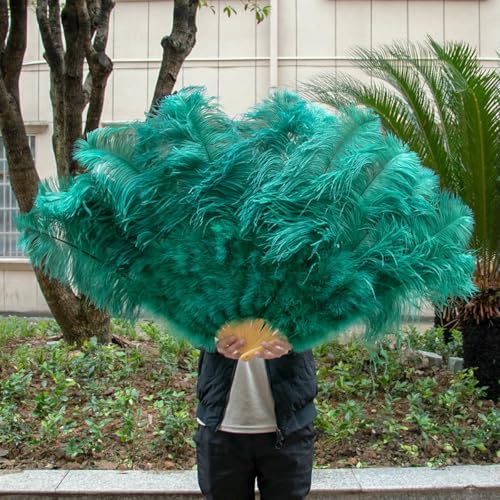 Foldable White Ostrich feather fan 13Bone Big Hand Feather Crafts Fans for Stage Performance Dancer Show Wedding Party Props-green-130cm Left hand von ZFISH