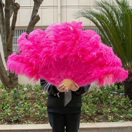 Foldable White Ostrich feather fan 13Bone Big Hand Feather Crafts Fans for Stage Performance Dancer Show Wedding Party Props-west pink-100cm Left hand von ZFISH