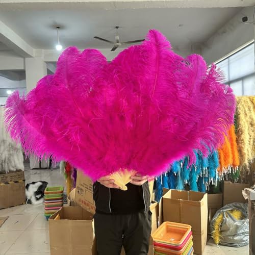 Gelbe große Straußenfederfächer, flauschiger Performance-Tanz-Handfächer, faltbar, verschiedene Stile, Party-Requisiten, Bühnenshow-Requisiten, Fächer, Rosarot, 100 cm, 1 Stück von ZFISH